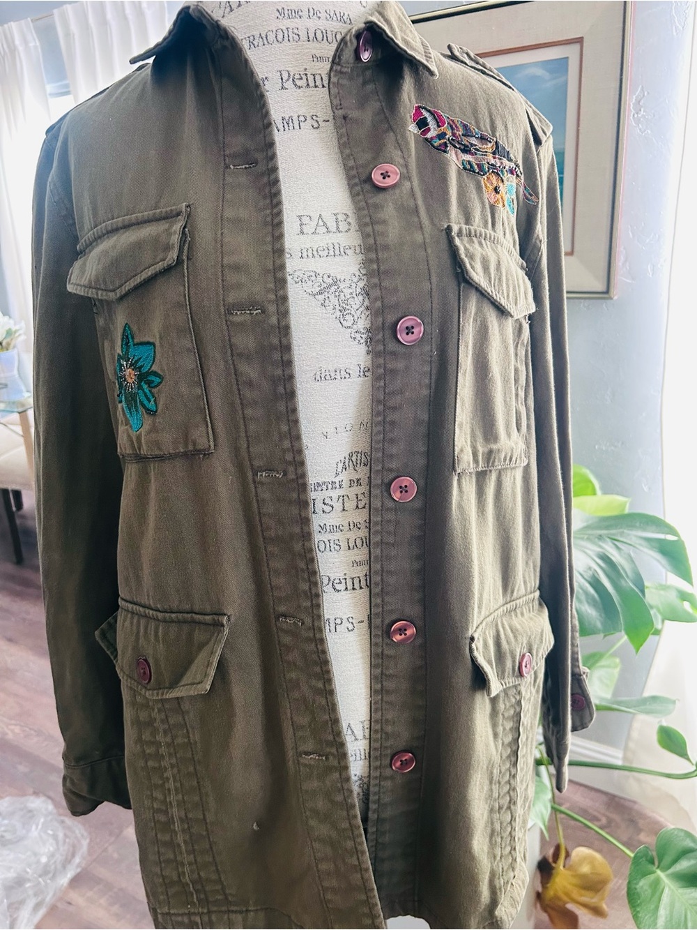 Zara Basic Denim Army Style Patch and Embroidered Jacket